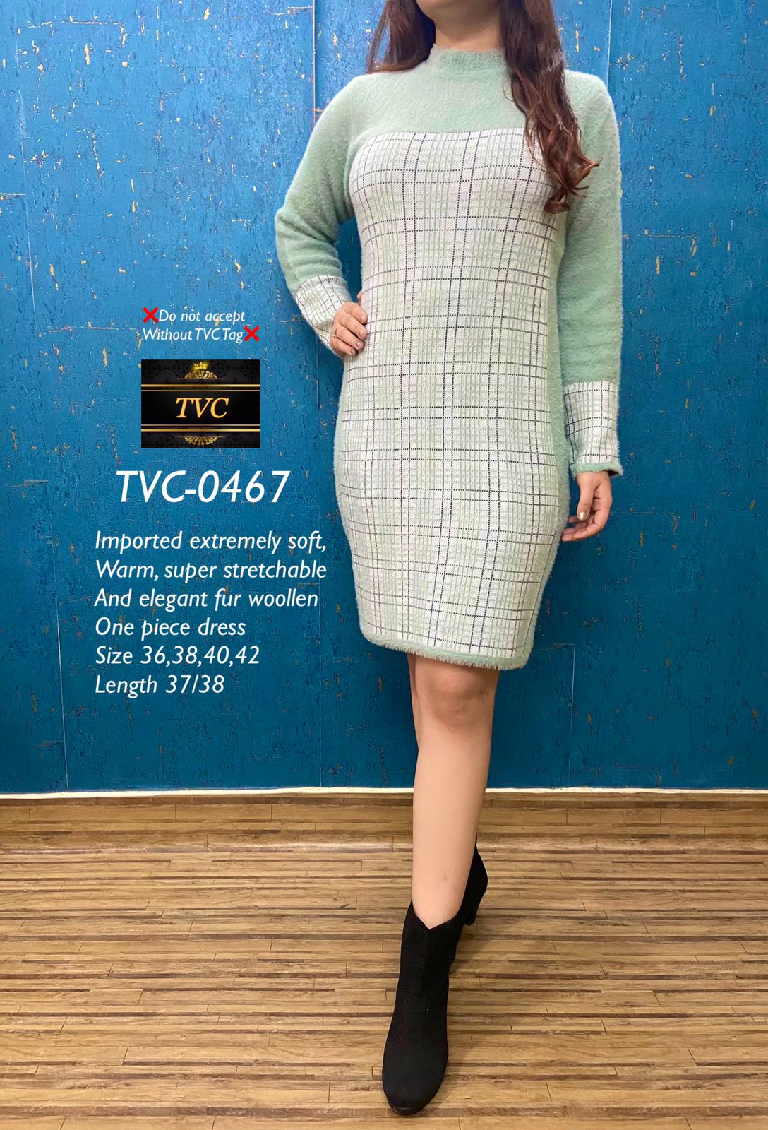 PALE BLUE THE VINTAGE CLOSET NEW WOOLEN DRESS FOR WOMEN -FOFWD001PB –