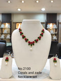 PEARL CORALEA, RED FLOWER CORAL AND JADE LEAVES NECKLACE SET WITH PEARLS -MOECNSP001P