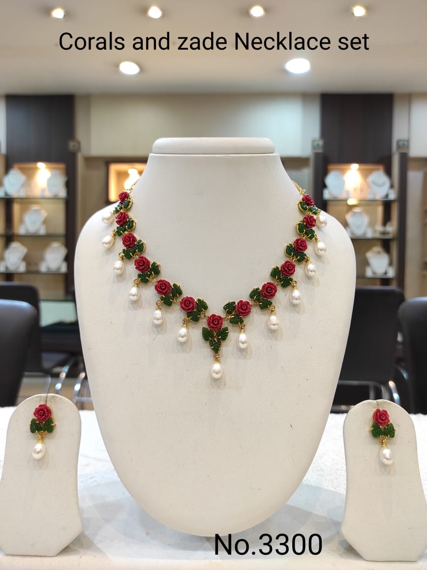 CORALEA, RED FLOWER CORAL AND JADE LEAVES NECKLACE SET WITH PEARLS -MOECNSP001