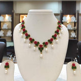 CORALEA, RED FLOWER CORAL AND JADE LEAVES NECKLACE SET WITH PEARLS -MOECNSP001