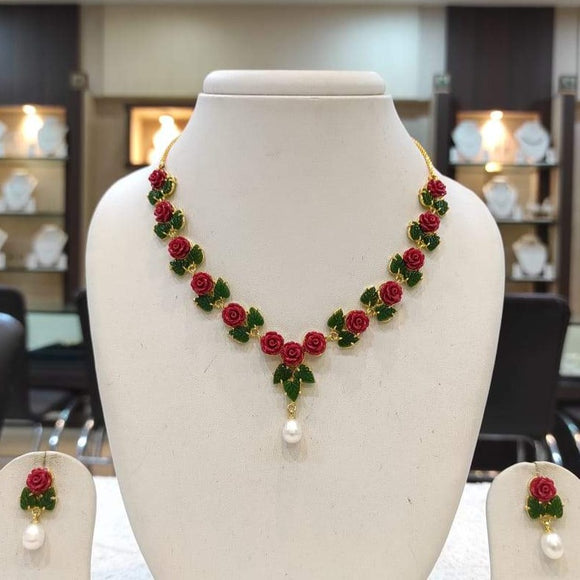 RED CORALEA, RED FLOWER CORAL AND JADE LEAVES NECKLACE SET WITH PEARLS -MOECNSP001R