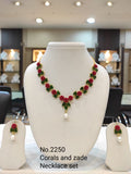 RED CORALEA, RED FLOWER CORAL AND JADE LEAVES NECKLACE SET WITH PEARLS -MOECNSP001R