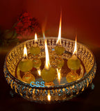 GANESH KARTIKA , GERMAN SILVER ROUND TRAY WITH GANESHA IDOL AND 6 AMLA DEEPAM STANDS-CZY001ADG