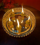 GANESH KARTIKA , GERMAN SILVER ROUND TRAY WITH GANESHA IDOL AND 6 AMLA DEEPAM STANDS-CZY001ADG