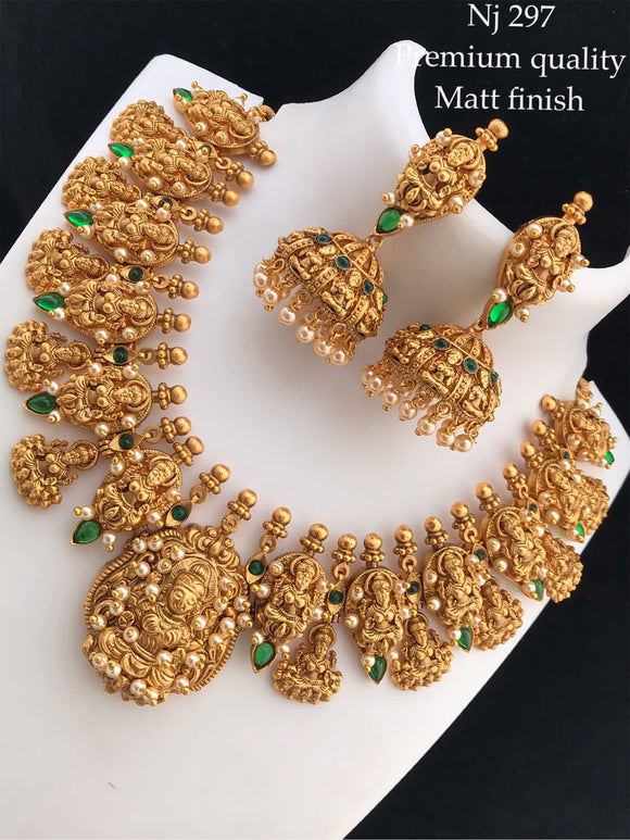 MANORAMA, MATTE GOLD FINISH GREEN STONE NECKLACE SET FOR WOMEN -SAYDGSNS001M