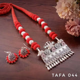 DESIGNER TRIBAL DESIGN SILVER FINISH PENDANT  THREAD NECKLACE SET FOR WOMEN -LRTN001TS