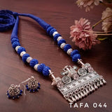 DESIGNER TRIBAL DESIGN SILVER FINISH PENDANT  THREAD NECKLACE SET FOR WOMEN -LRTN001TS