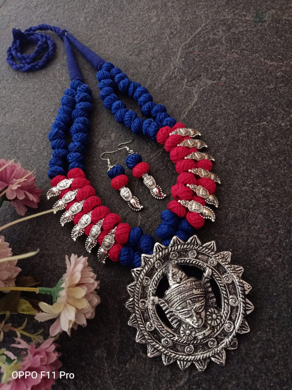 PINK AND BLUE , DURGA MAA DESIGN THREAD NECKLACE SET FOR WOMEN -LRTN001PB