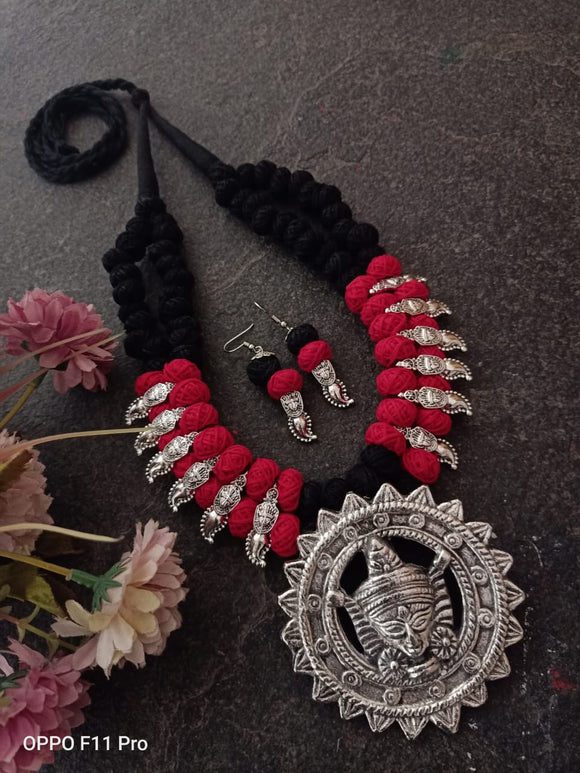 BLACK AND RED , DURGA MAA DESIGN HREAD NECKLACE SET FOR WOMEN -LRTN001RB
