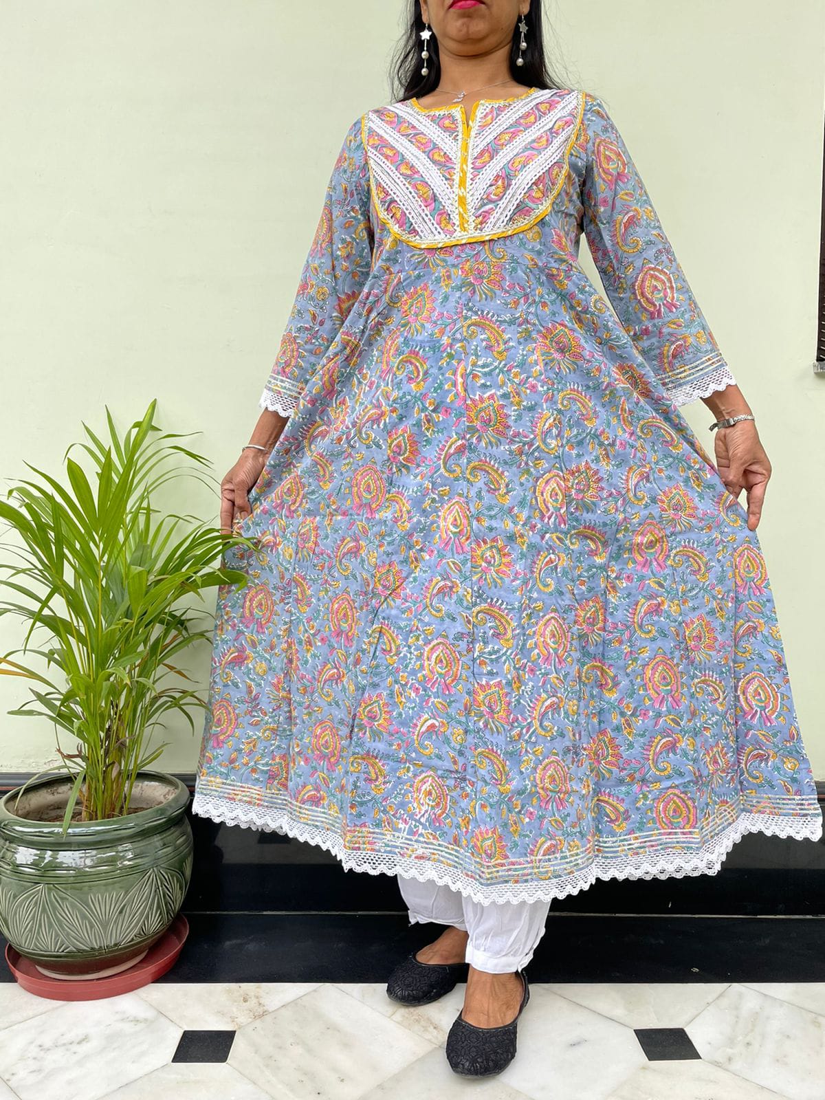Cotton Yellow Floral Print Anarkali Palazzo Set with Organza Dupatta |  Cotton anarkali, Traditional indian outfits, Indian fashion dresses