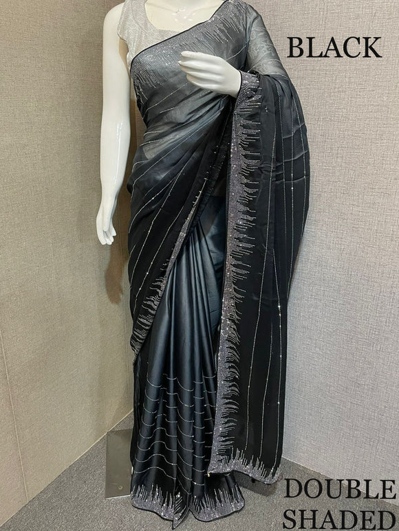 BLACK SHADE GEORGETTE SAREE WITH SHIMMERING SILVER STONE WORK -FOF001BL