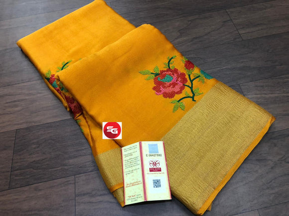 GOLDEN YELLOW SHADE PURE MYSORE SILK WRINKLE CREPE SAREE WITH BEAUTIFUL KASHMIRI EMBROIDERY ALLOVER-PDSMYS001Y