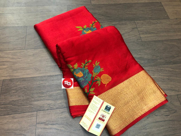 RED  SHADE PURE MYSORE SILK WRINKLE CREPE SAREE WITH BEAUTIFUL KASHMIRI EMBROIDERY ALLOVER-PDSMYS001R