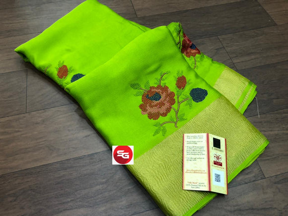 PARROT GREEN  SHADE PURE MYSORE SILK WRINKLE CREPE SAREE WITH BEAUTIFUL KASHMIRI EMBROIDERY ALLOVER-PDSMYS001PG