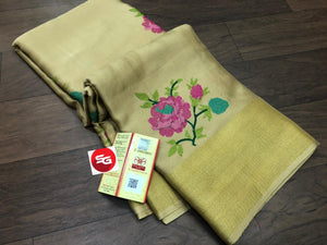 GOLDEN SHADE PURE MYSORE SILK WRINKLE CREPE SAREE WITH BEAUTIFUL KASHMIRI EMBROIDERY ALLOVER-PDSMYS001GL