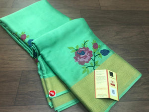 AGAVE GREEN SHADE PURE MYSORE SILK WRINKLE CREPE SAREE WITH BEAUTIFUL KASHMIRI EMBROIDERY ALLOVER-PDSMYS001AG