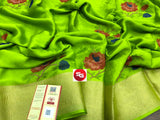 PARROT GREEN  SHADE PURE MYSORE SILK WRINKLE CREPE SAREE WITH BEAUTIFUL KASHMIRI EMBROIDERY ALLOVER-PDSMYS001PG