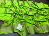 PARROT GREEN  SHADE PURE MYSORE SILK WRINKLE CREPE SAREE WITH BEAUTIFUL KASHMIRI EMBROIDERY ALLOVER-PDSMYS001PG