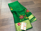 BOTTLE GREEN SHADE PURE MYSORE SILK WRINKLE CREPE SAREE WITH BEAUTIFUL KASHMIRI EMBROIDERY ALLOVER-PDSMYS001BG