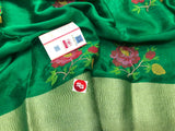 BOTTLE GREEN SHADE PURE MYSORE SILK WRINKLE CREPE SAREE WITH BEAUTIFUL KASHMIRI EMBROIDERY ALLOVER-PDSMYS001BG