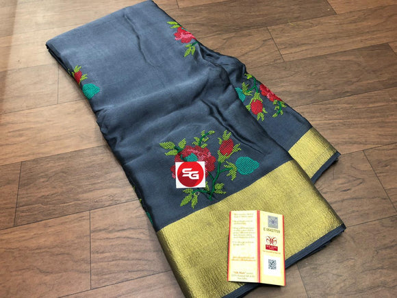 GREY  SHADE PURE MYSORE SILK WRINKLE CREPE SAREE WITH BEAUTIFUL KASHMIRI EMBROIDERY ALLOVER-PDSMYS001G