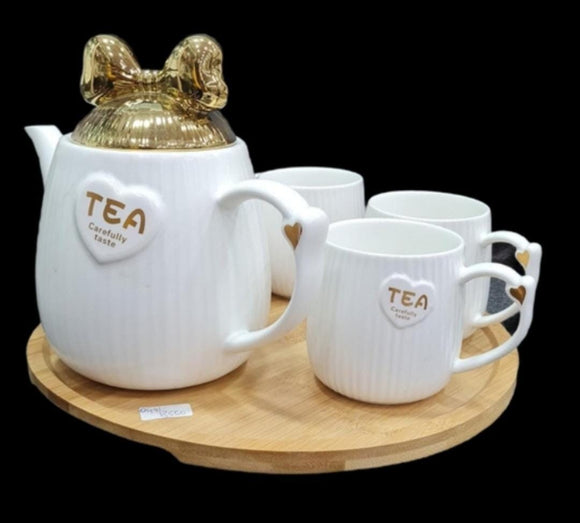 ELEGANT WHITE TEA SET WITH GOLDEN BOW -ANUBWTS001