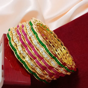 PADMINI , SET OF 6 GOLD FINISH BANGLES WITH WHITE , GREEN AND PINK STONES FOR WOMEN -KRISH001WGP