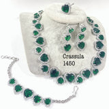 GREEN HEART CRASSULA, HEART SHAPED GREEN CARVED STONE NECKLACE SET WITH MATCHING BRACELET AND RING-MOE001CGH