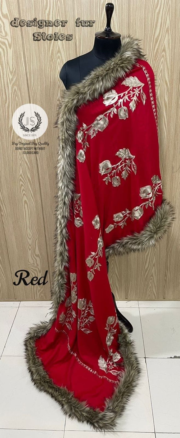 RED DESIGNER  EMBROIDERED FUR STOLE-GARI001FSR