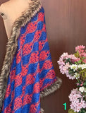 BEAUTY BLUE , Woolen Heavy  embroidered stole with four side fur edges-MOE001D