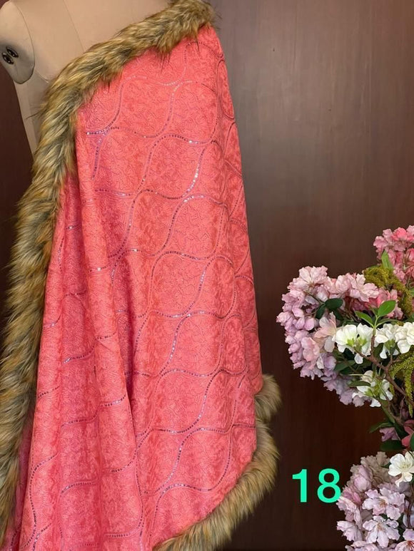 WONDER PINK , Woolen Heavy  embroidered stole with four side fur edges-MOE001B