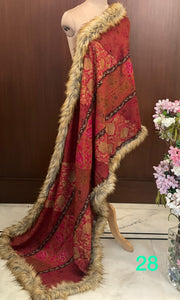 RED BANJARA , Woolen Heavy  embroidered stole with four side fur edges-MOE001H