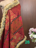 RED BANJARA , Woolen Heavy  embroidered stole with four side fur edges-MOE001H