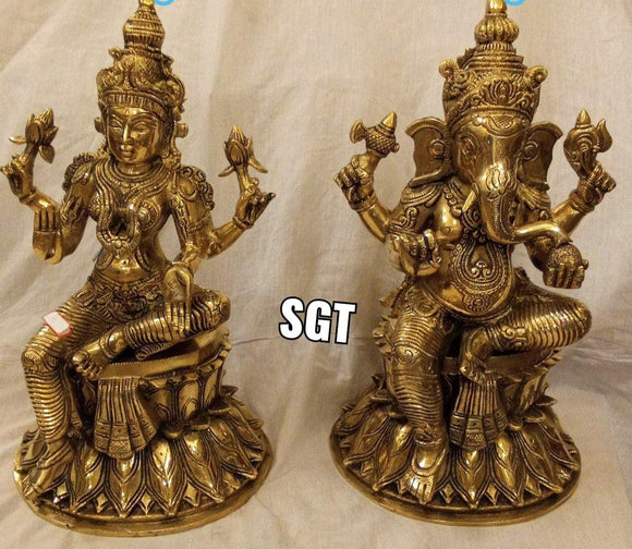BEAUTIFUL LAKSHMI AND GANESH  SITTING BRASS STATUES  -BEST001LG