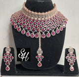 SHAGUFTA , ROSE GOLD FINISH HEAVY CHOKER NECKLACE SET WITH MATCHING MAANGTIKKA FOR WOMEN -LR001RG