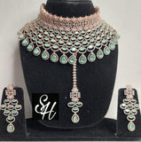 SHAGUFTA , ROSE GOLD FINISH HEAVY CHOKER NECKLACE SET WITH MATCHING MAANGTIKKA FOR WOMEN -LR001RG