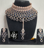 SHAGUFTA , ROSE GOLD FINISH HEAVY CHOKER NECKLACE SET WITH MATCHING MAANGTIKKA FOR WOMEN -LR001RG