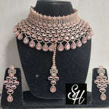 SHAGUFTA , ROSE GOLD FINISH HEAVY CHOKER NECKLACE SET WITH MATCHING MAANGTIKKA FOR WOMEN -LR001RG