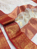 WHITE AND RED TRADITIONAL ORIGINAL AUTHENTIC KATAN SILK SAREE FOR WOMEN -SHABI001RW