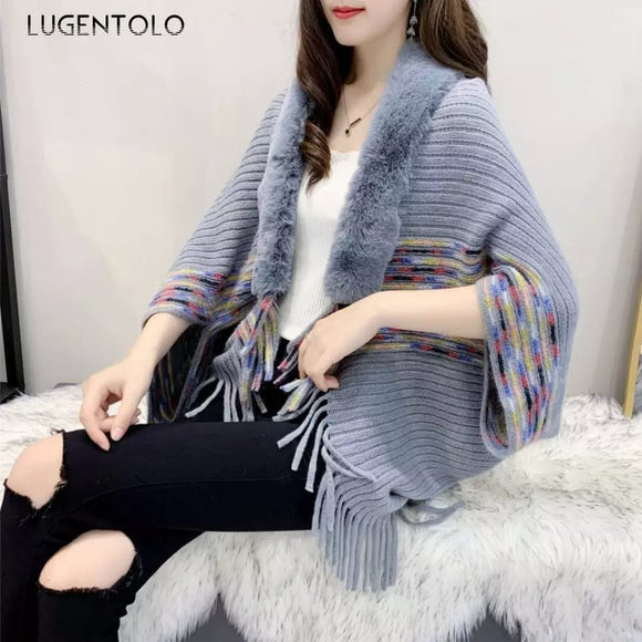 Women Shawls Winter Spring Poncho Femme Khaki Cardigan Shawl High Elastic Tassel Knitted Ladies Sweaters Long Cardigan Sweater-RAY001GR