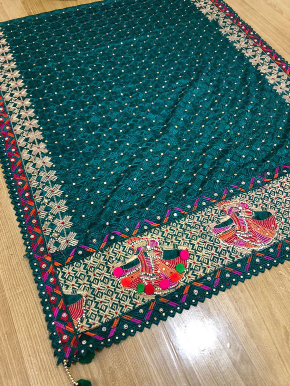 DESIGNER TEAL  BLUE GORGEOUS AUTHENTIC ORIGINAL ZAAL PHULKARI DUPATTA FOR WOMEN -PANI001T