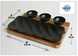 A cast aluminium platter with 3 dip bowls and a wooden base liner-ANKI001CAP
