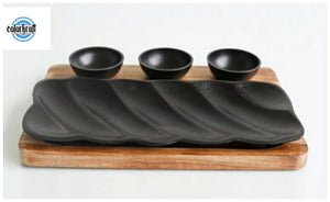 A cast aluminium platter with 3 dip bowls and a wooden base liner-ANKI001CAP