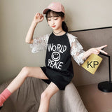 BLACK LONG TEE WITH BEAUTIFUL LACE SLEEVES FOR GIRLS-OKG001BT