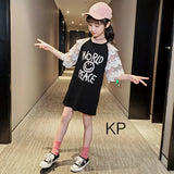BLACK LONG TEE WITH BEAUTIFUL LACE SLEEVES FOR GIRLS-OKG001BT