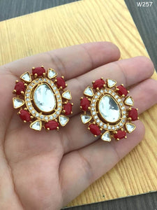 CORAL LOVE , GOLD PLATED CORAL AND  KUNDAN STUD EARRINGS FOR WOMEN-MOE001C