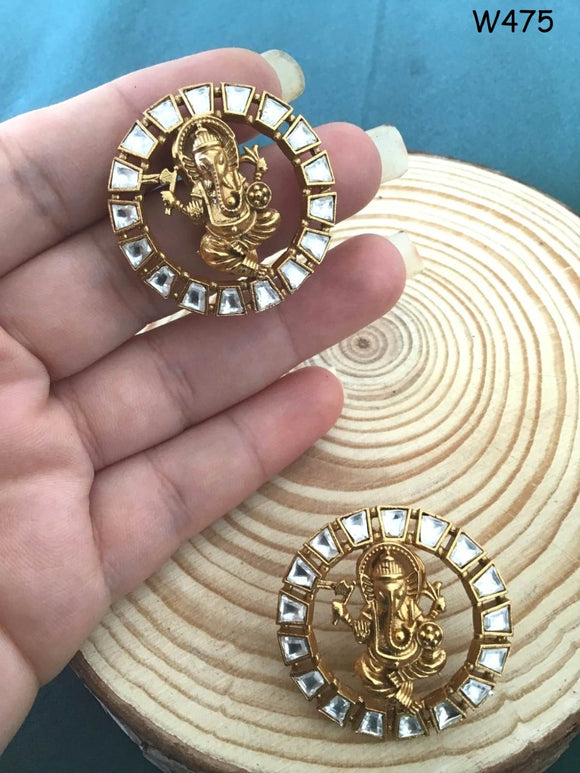 GOLDEN GANESHA, KUNDAN STUD EARRINGS FOR WOMEN -MOE001GG