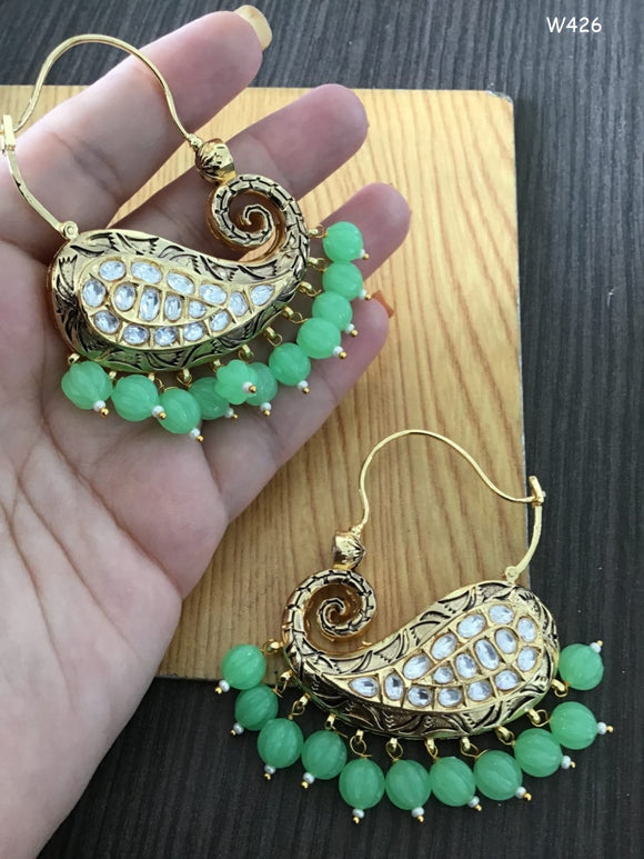 Big Pista Green Enamel Kundan Earrings for Girls | FashionCrab.com