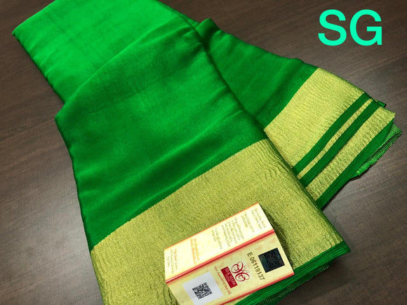 EXCLUSIVE PURE MYSORE WRINKLE  SILK CREPE SAREES WITH GOLD BORDER AND  BLOUSE-PDS001MYBG