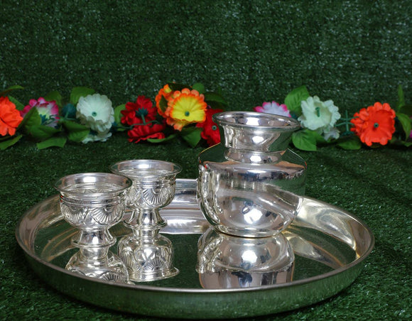 AVANTIKA , FUL SET GERMAN SILVER PLATE, KALASHA  AND 2 KUMKUM BOWLS FOR PUJA-SN001S